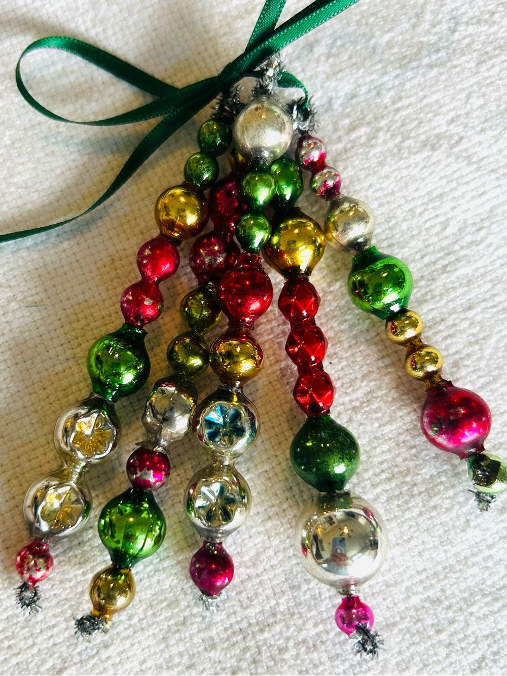 Mini Vintage Repurposed  holiday Christmas ornaments, mercury Glass bead icicle